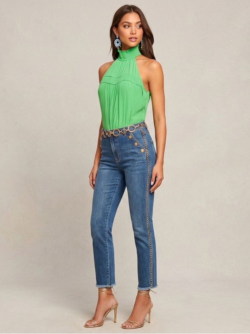 Ramy Brook Tim Blouse XL Green Smocked Halter Silk Feel NWT $295 NEW